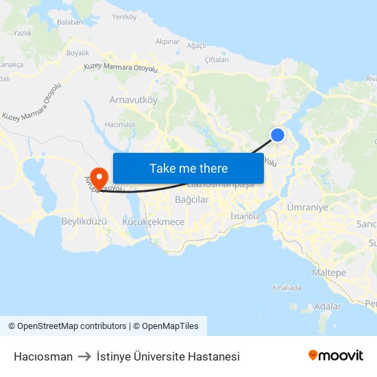 Hacıosman to İstinye Üniversite Hastanesi map