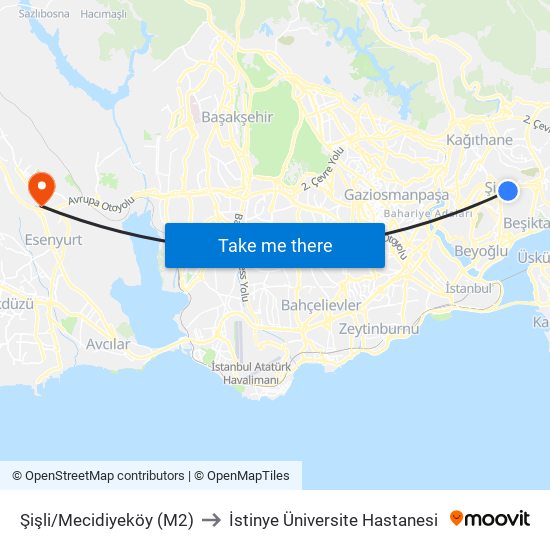 Şişli/Mecidiyeköy (M2) to İstinye Üniversite Hastanesi map