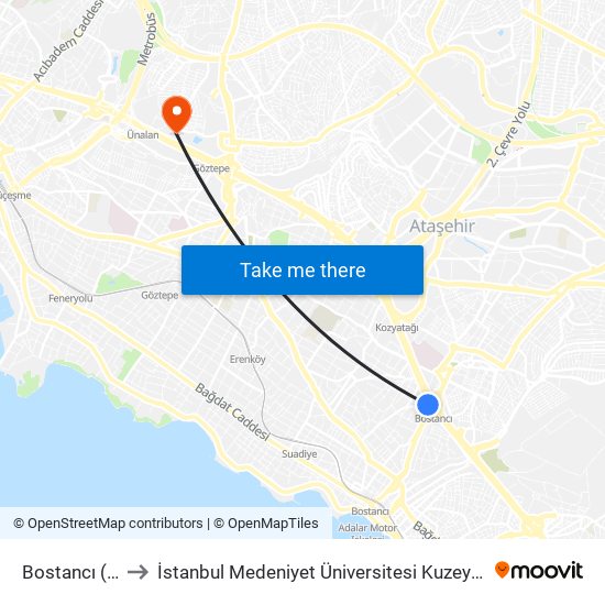 Bostancı (M4) to İstanbul Medeniyet Üniversitesi Kuzey Yerleşkesi map