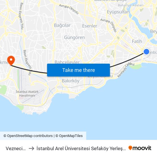 Vezneciler to İstanbul Arel Üniversitesi Sefaköy Yerleşkesi map