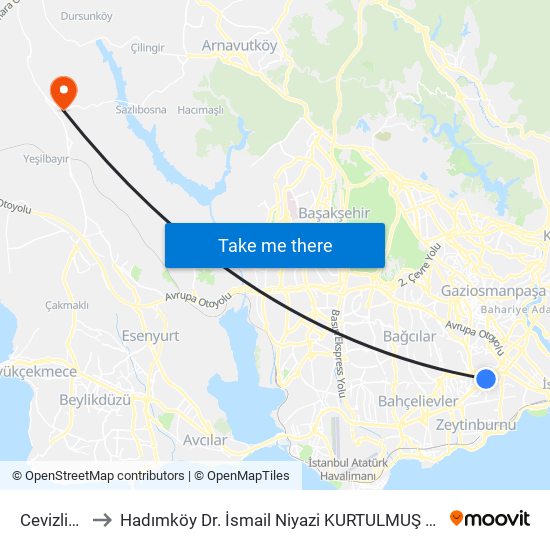 Cevizlibağ to Hadımköy Dr. İsmail Niyazi KURTULMUŞ Hastanesi map