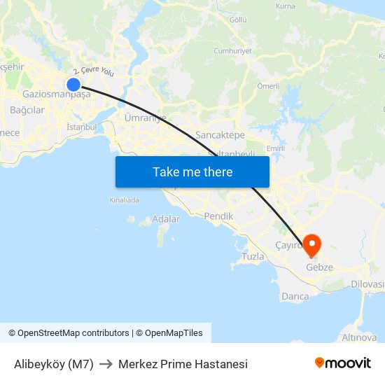 Alibeyköy (M7) to Merkez Prime Hastanesi map