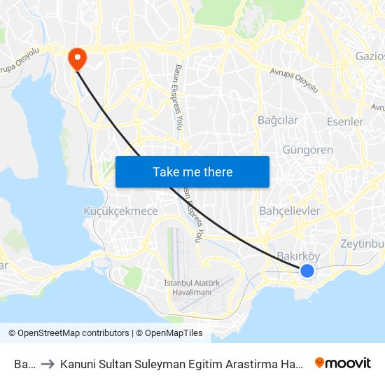 Bakırköy to Kanuni Sultan Suleyman Egitim Arastirma Hastanesi Anestezi Ve Reanimasyon Yoğun Bakım Ünitesi map