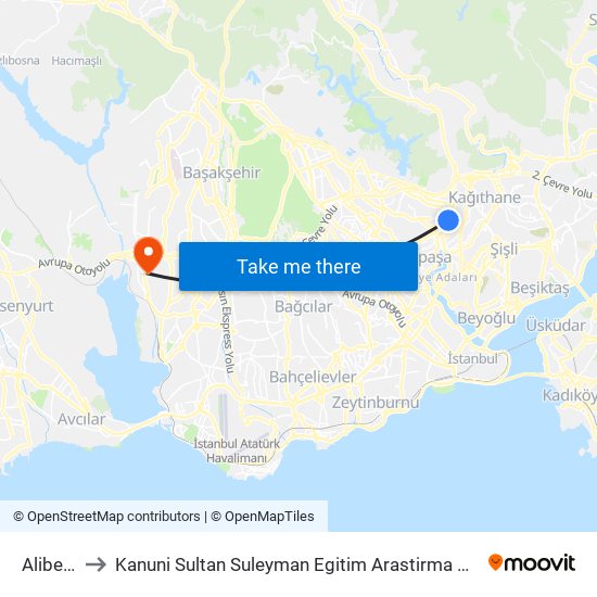 Alibeyköy (M7) to Kanuni Sultan Suleyman Egitim Arastirma Hastanesi Anestezi Ve Reanimasyon Yoğun Bakım Ünitesi map