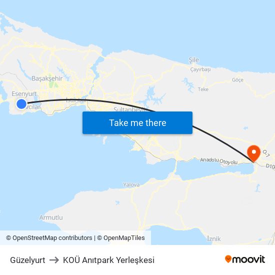 Güzelyurt to KOÜ Anıtpark Yerleşkesi map