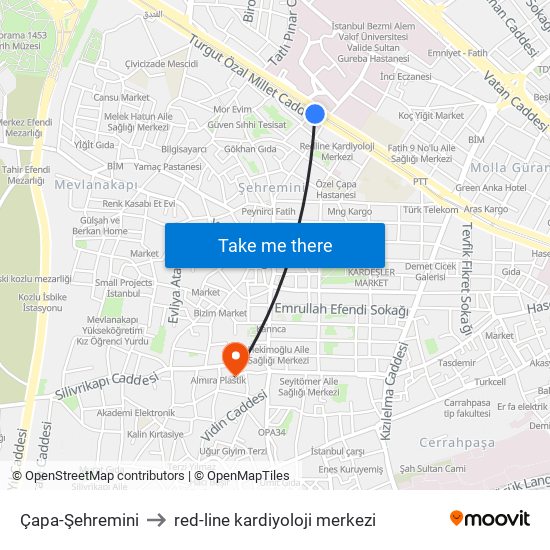 Çapa-Şehremini to red-line kardiyoloji merkezi map