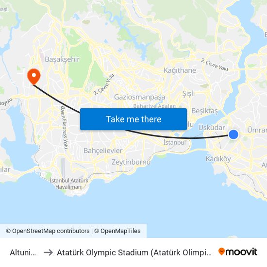 Altunizade to Atatürk Olympic Stadium (Atatürk Olimpiyat Stadyumu) map