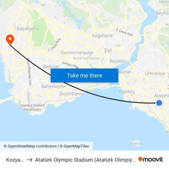 Kozyatağı to Atatürk Olympic Stadium (Atatürk Olimpiyat Stadyumu) map