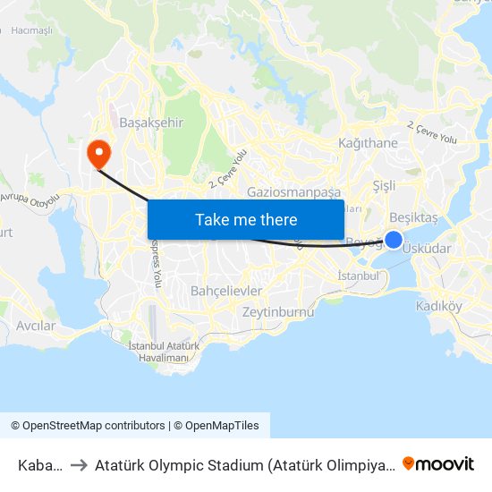 Kabataş to Atatürk Olympic Stadium (Atatürk Olimpiyat Stadyumu) map