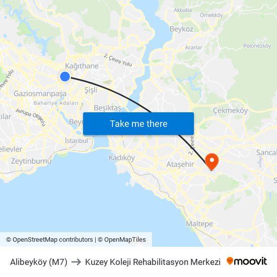 Alibeyköy (M7) to Kuzey Koleji Rehabilitasyon Merkezi map