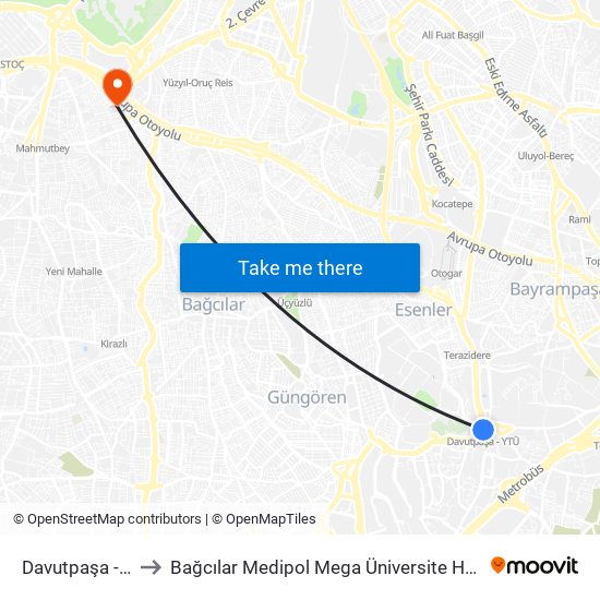 Davutpaşa - Ytü to Bağcılar Medipol Mega Üniversite Hastanesi map