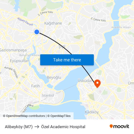 Alibeyköy (M7) to Özel Academic Hospital map