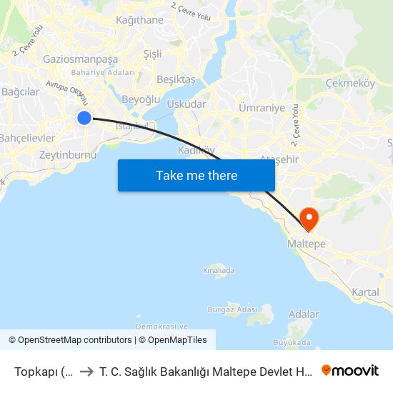 Topkapı (T1) to T. C. Sağlık Bakanlığı Maltepe Devlet Hastanesi map