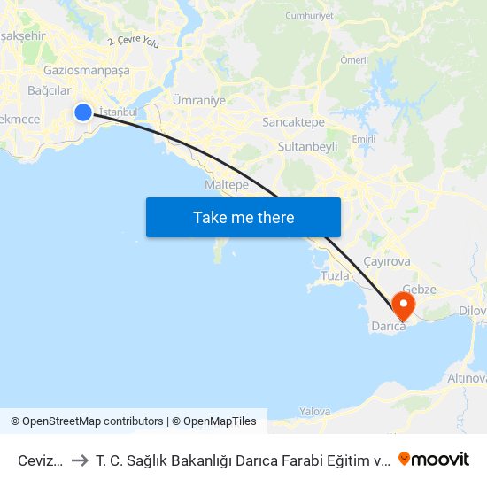 Cevizlibağ to T. C. Sağlık Bakanlığı Darıca Farabi Eğitim ve Araştırma Hastanesi map