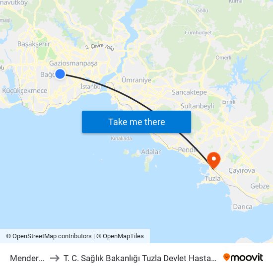 Menderes to T. C. Sağlık Bakanlığı Tuzla Devlet Hastanesi map