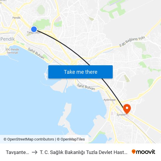 Tavşantepe to T. C. Sağlık Bakanlığı Tuzla Devlet Hastanesi map