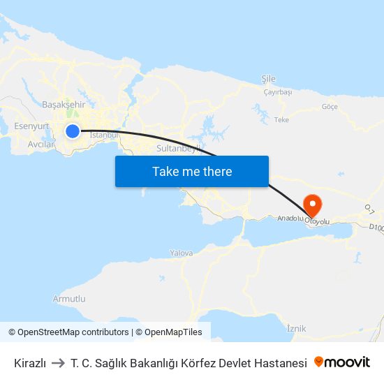 Kirazlı to T. C. Sağlık Bakanlığı Körfez Devlet Hastanesi map