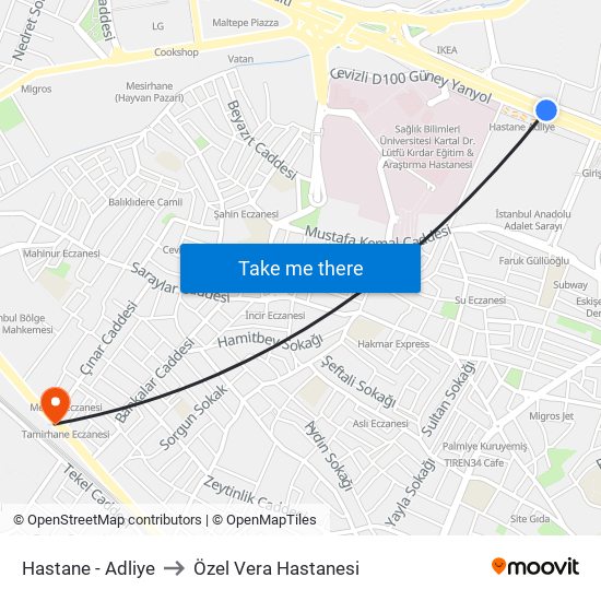 Hastane - Adliye to Özel Vera Hastanesi map