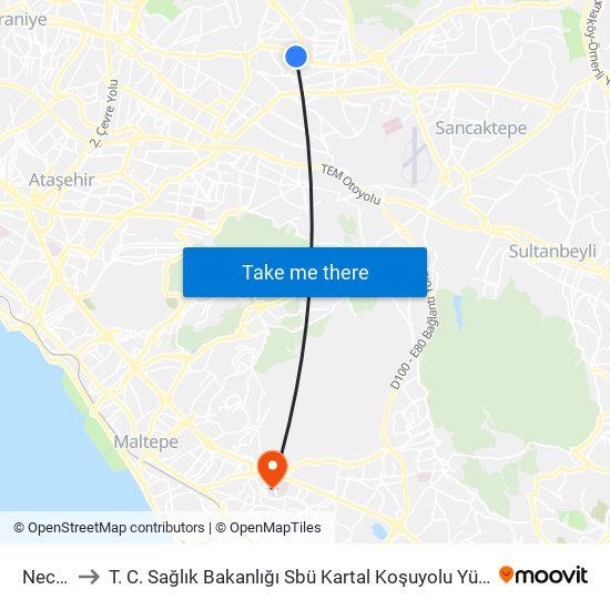 Necip Fazıl to T. C. Sağlık Bakanlığı Sbü Kartal Koşuyolu Yüksek İhtisas Eğitim ve Araştırma Hastanesi map