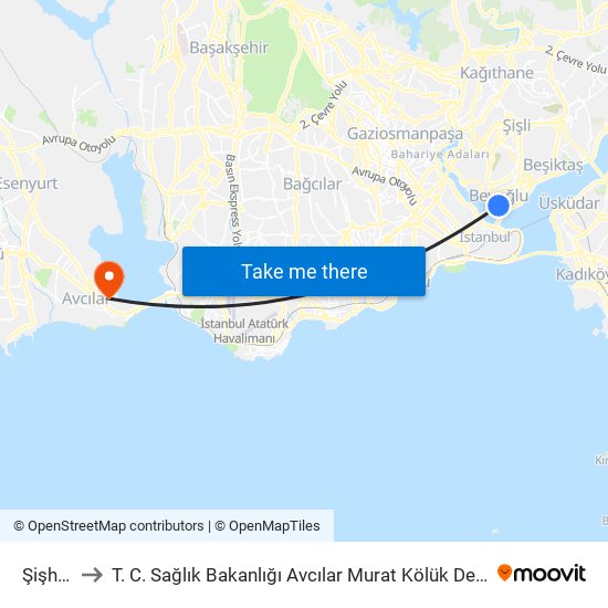 Şişhane to T. C. Sağlık Bakanlığı Avcılar Murat Kölük Devlet Hastanesi map