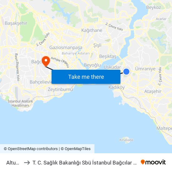 Altunizade to T. C. Sağlık Bakanlığı Sbü İstanbul Bağcılar Eğitim ve Araştırma Hastanesi map