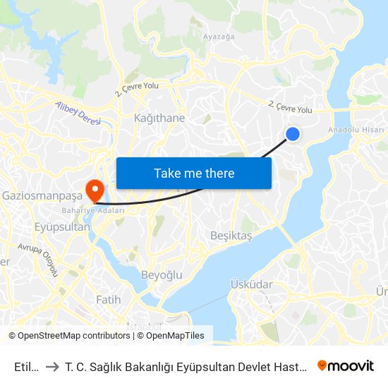 Etiler to T. C. Sağlık Bakanlığı Eyüpsultan Devlet Hastanesi map
