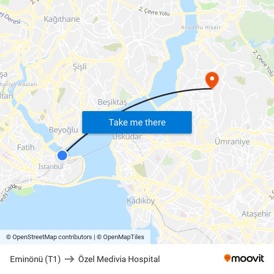 Eminönü (T1) to Özel Medivia Hospital map