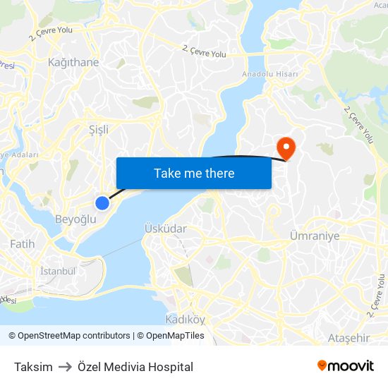 Taksim to Özel Medivia Hospital map