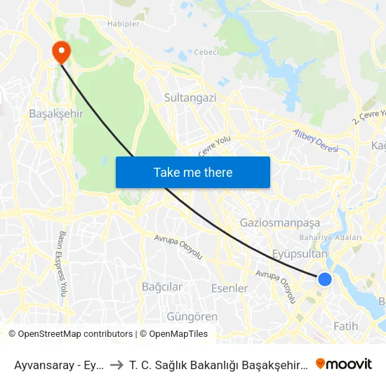 Ayvansaray - Eyüp Sultan to T. C. Sağlık Bakanlığı Başakşehir Devlet Hastanesi map