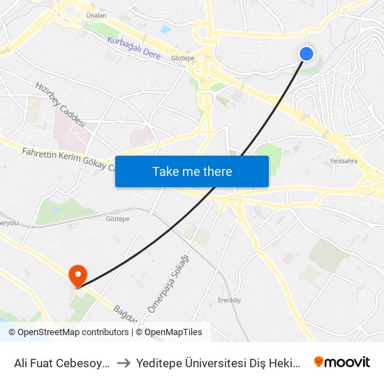Ali Fuat Cebesoy İlkokulu to Yeditepe Üniversitesi Diş Hekimliği Fakültesi map