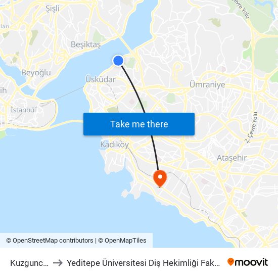 Kuzguncuk to Yeditepe Üniversitesi Diş Hekimliği Fakültesi map