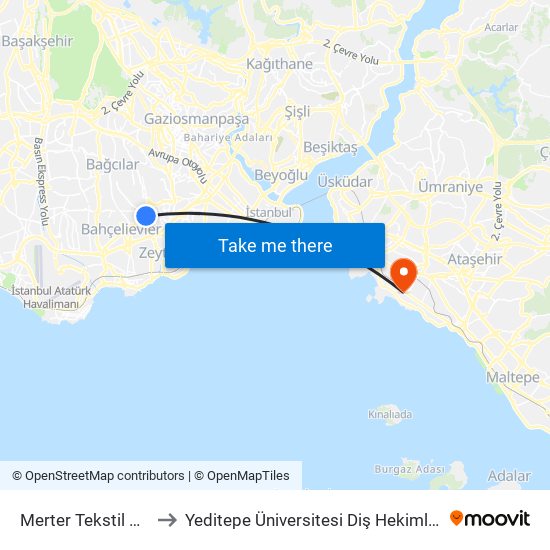 Merter Tekstil Merkezi to Yeditepe Üniversitesi Diş Hekimliği Fakültesi map