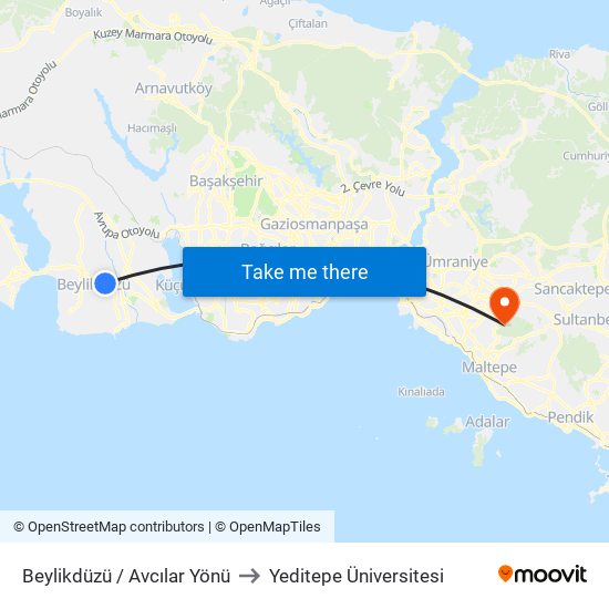 Beylikdüzü / Avcılar Yönü to Yeditepe Üniversitesi map