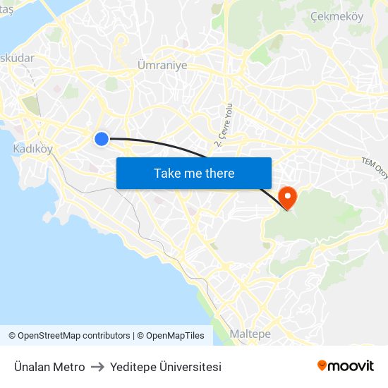 Ünalan Metro to Yeditepe Üniversitesi map