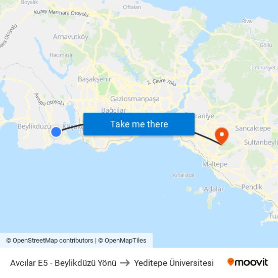 Avcılar E5 - Beylikdüzü Yönü to Yeditepe Üniversitesi map