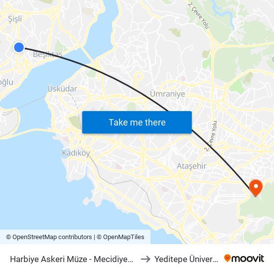 Harbiye Askeri Müze  - Mecidiyeköy Yönü to Yeditepe Üniversitesi map