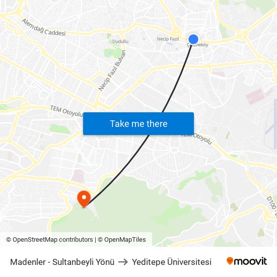 Madenler - Sultanbeyli Yönü to Yeditepe Üniversitesi map