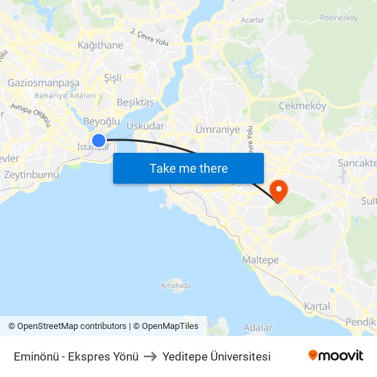 Eminönü - Ekspres Yönü to Yeditepe Üniversitesi map