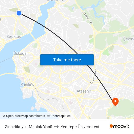 Zincirlikuyu - Maslak Yönü to Yeditepe Üniversitesi map