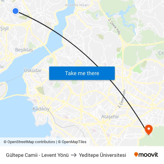 Gültepe Camii - Levent Yönü to Yeditepe Üniversitesi map