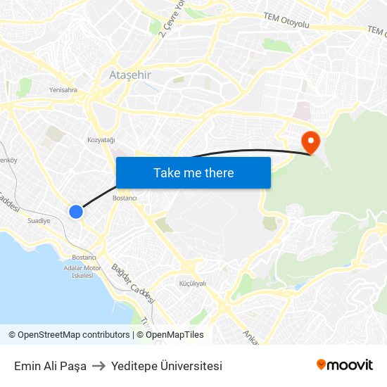 Emin Ali Paşa to Yeditepe Üniversitesi map