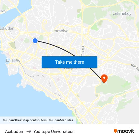 Acıbadem to Yeditepe Üniversitesi map