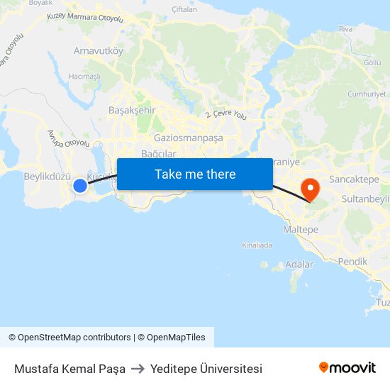Mustafa Kemal Paşa to Yeditepe Üniversitesi map