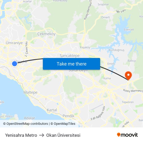 Yenisahra Metro to Okan Üniversitesi map