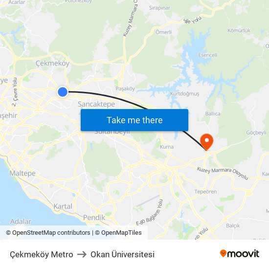 Çekmeköy Metro to Okan Üniversitesi map