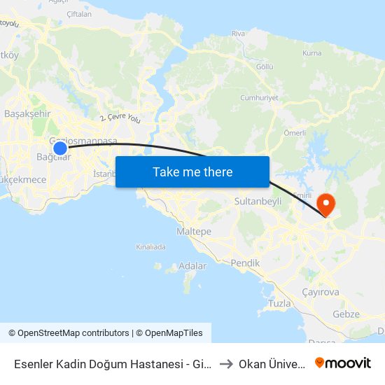 Esenler Kadin Doğum Hastanesi - Giyimkent Yönü to Okan Üniversitesi map