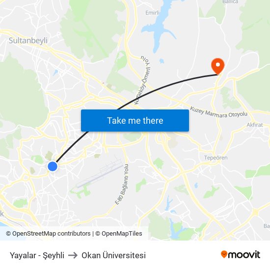 Yayalar - Şeyhli to Okan Üniversitesi map