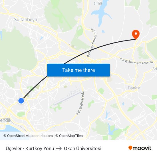 Üçevler - Kurtköy Yönü to Okan Üniversitesi map