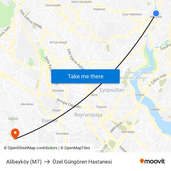 Alibeyköy (M7) to Özel Güngören Hastanesi map