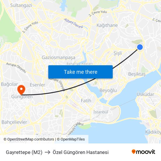 Gayrettepe (M2) to Özel Güngören Hastanesi map